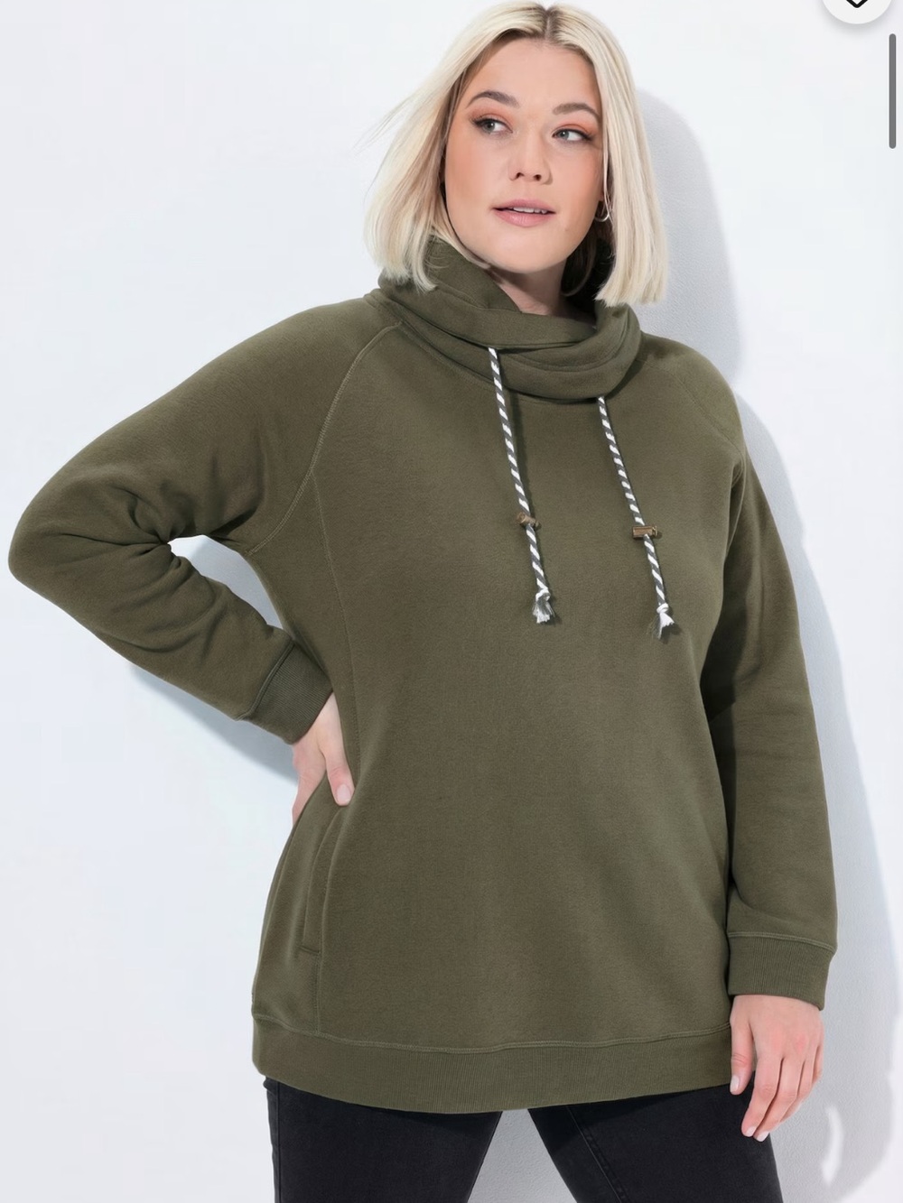 Ulla Popken Green Sweatshirt Drawstring Collar Raglan Long Sleeve Size 28/30